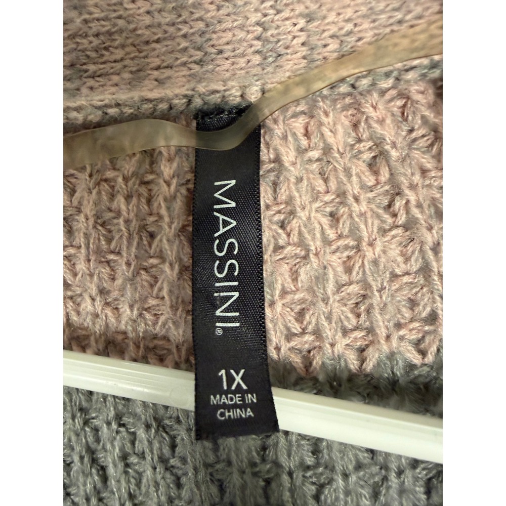 Massini Womens 1X Pink Grey Striped Waffle Knit Longline Open Front Cardigan - Picture 3 of 6